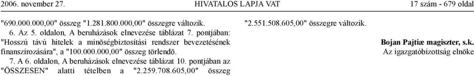 pontjában: "Hosszú távú hitelek a minõségbiztosítási rendszer bevezetésének finanszírozására", a "100.000.