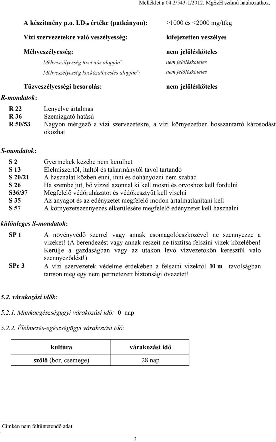 mg/ttkg kifejezetten veszélyes R-mondatok: R 22 R 36 R 50/53 S-mondatok: Tűzveszélyességi besorolás: Lenyelve ártalmas Szemizgató hatású Nagyon mérgező a vízi szervezetekre, a vízi környezetben