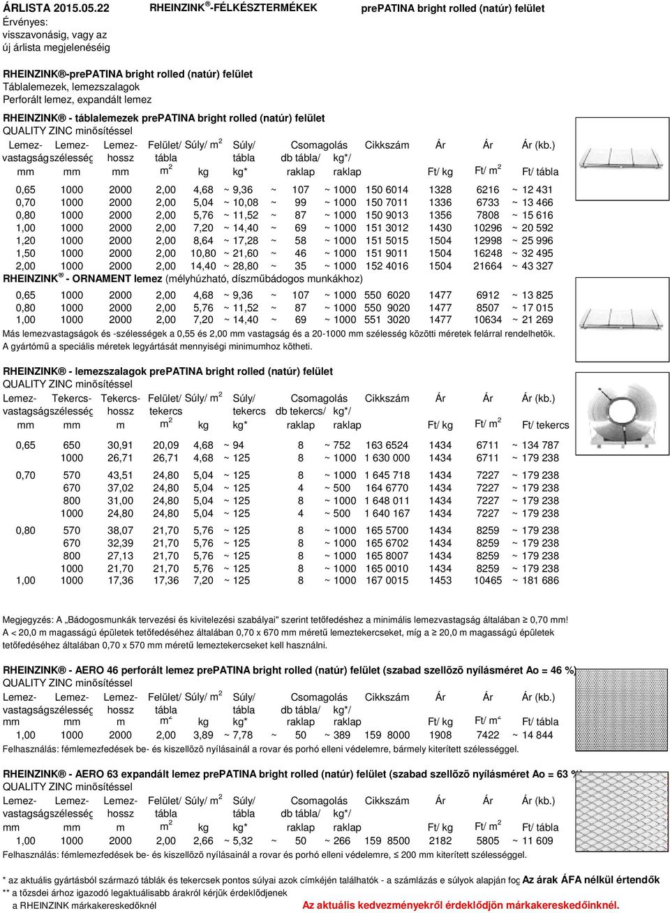 lemez, expandált lemez - táblalemezek prepatina bright rolled (natúr) fellet QUALITY ZINC minősítéssel Lemez- Lemez- Lemez- Fellet/ Súly/ m 2 Súly/ (kb.