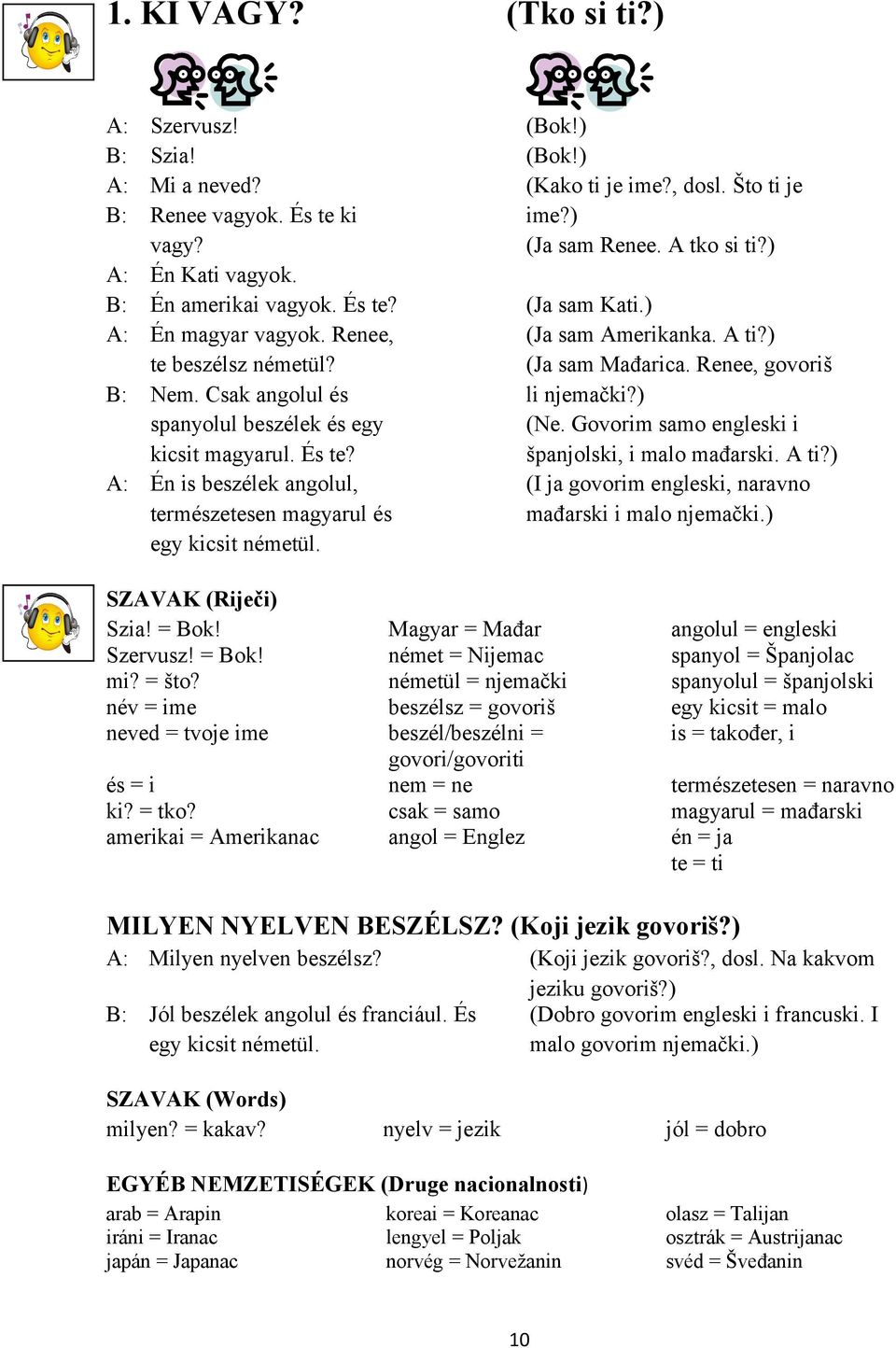 A tko si ti?) (Ja sam Kati.) (Ja sam Amerikanka. A ti?) (Ja sam Mađarica. Renee, govoriš li njemački?) (Ne. Govorim samo engleski i španjolski, i malo mađarski. A ti?) (I ja govorim engleski, naravno mađarski i malo njemački.