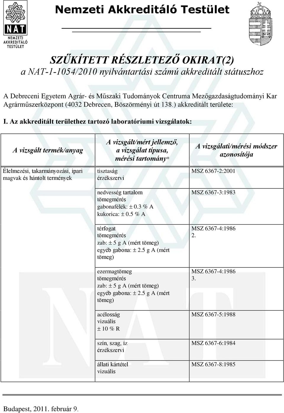 Az akkreditált területhez tartozó laboratóriumi vizsgálatok: Élelmezési, takarmányozási, ipari magvak és hántolt termények tisztaság érzékszervi nedvesség tartalom gabonafélék: 0.3 % A kukorica: 0.