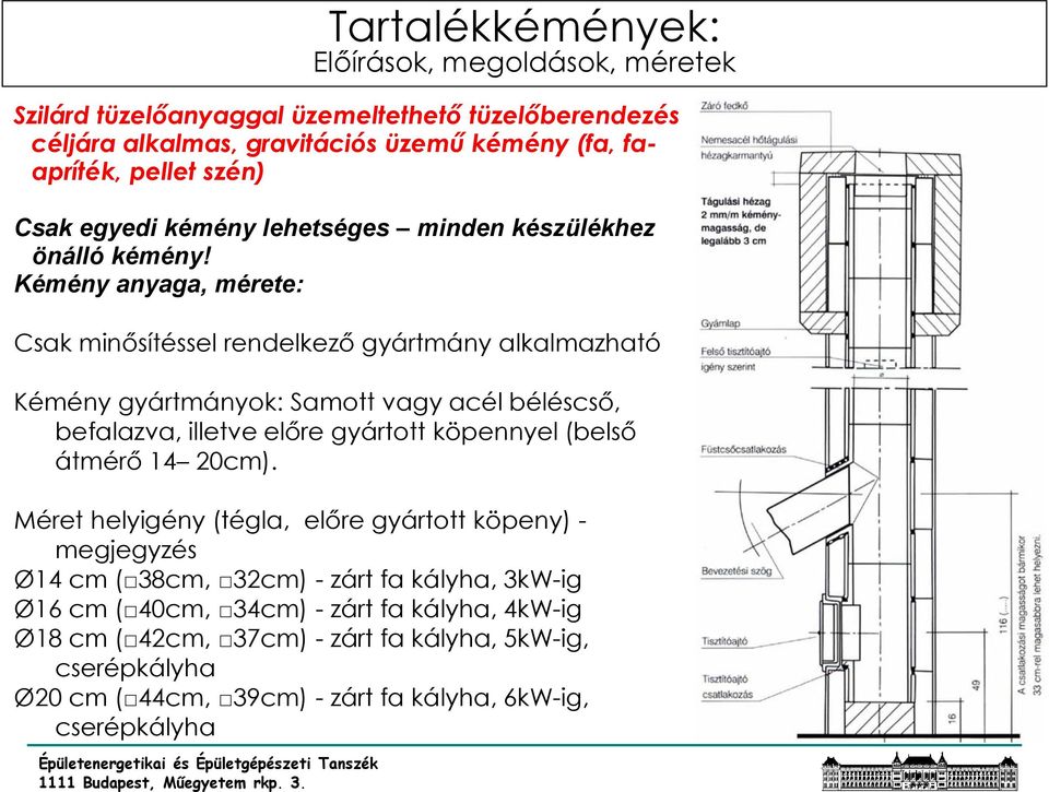 Kémény anyaga, mérete: Csak minősítéssel rendelkező gyártmány alkalmazható Kémény gyártmányok: Samott vagy acél béléscső, befalazva, illetve előre gyártott köpennyel (belső