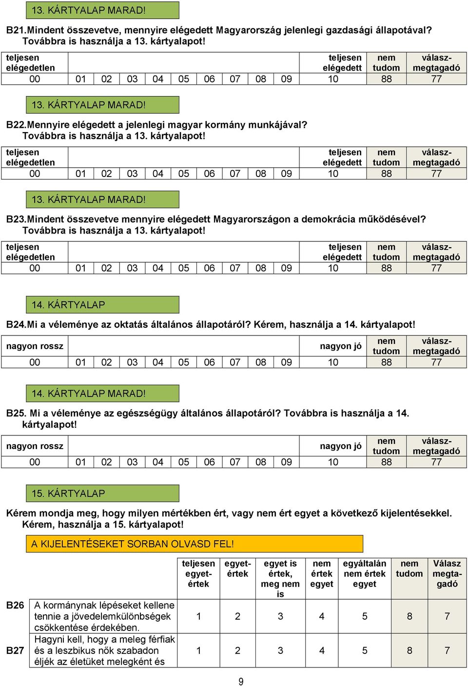 Mindent összevetve mennyire elégedett Magyarországon a demokrácia működésével? Továbbra is használja a 13. kártyalapot! 14. KÁRTYALAP B24.Mi a véleménye az oktatás általános állapotáról?