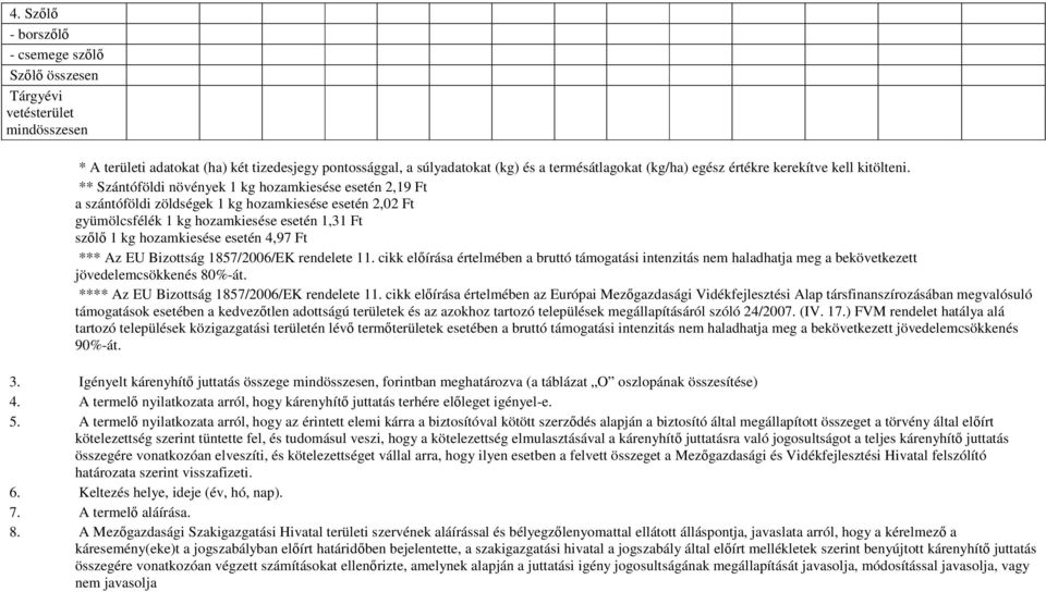 ** Szántóföldi növények 1 kg hozamkiesése esetén 2,19 Ft a szántóföldi zöldségek 1 kg hozamkiesése esetén 2,02 Ft gyümölcsfélék 1 kg hozamkiesése esetén 1,31 Ft szőlő 1 kg hozamkiesése esetén 4,97 Ft