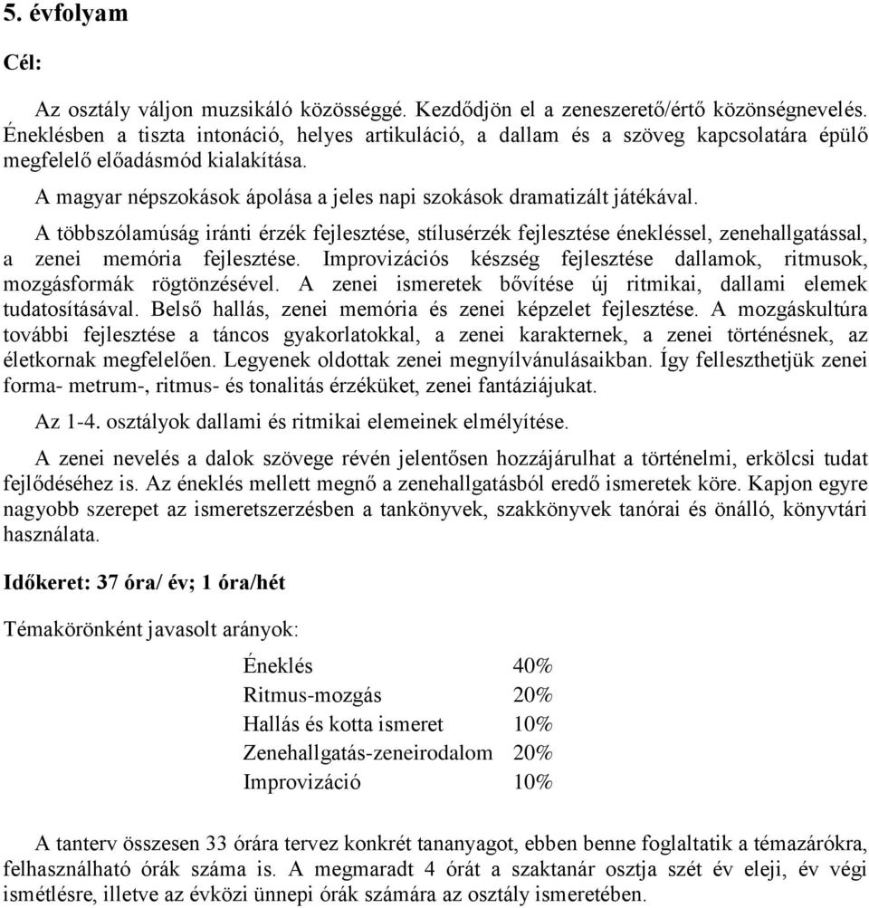 A többszólamúság iránti érzék fejlesztése, stílusérzék fejlesztése énekléssel, zenehallgatással, a zenei memória fejlesztése.