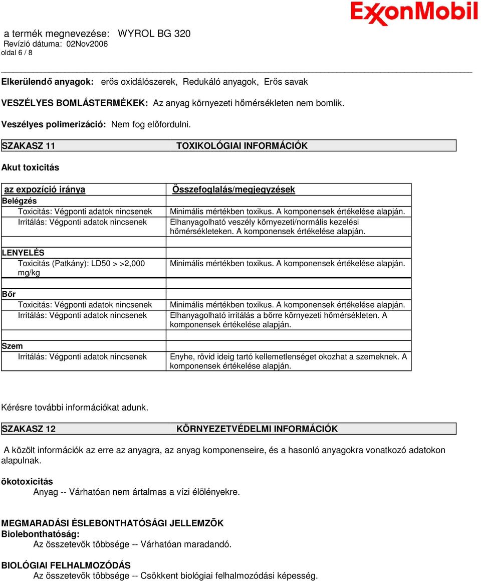 A komponensek értékelése alapján. Irritálás: Végponti adatok nincsenek Elhanyagolható veszély környezeti/normális kezelési hımérsékleteken. A komponensek értékelése alapján.
