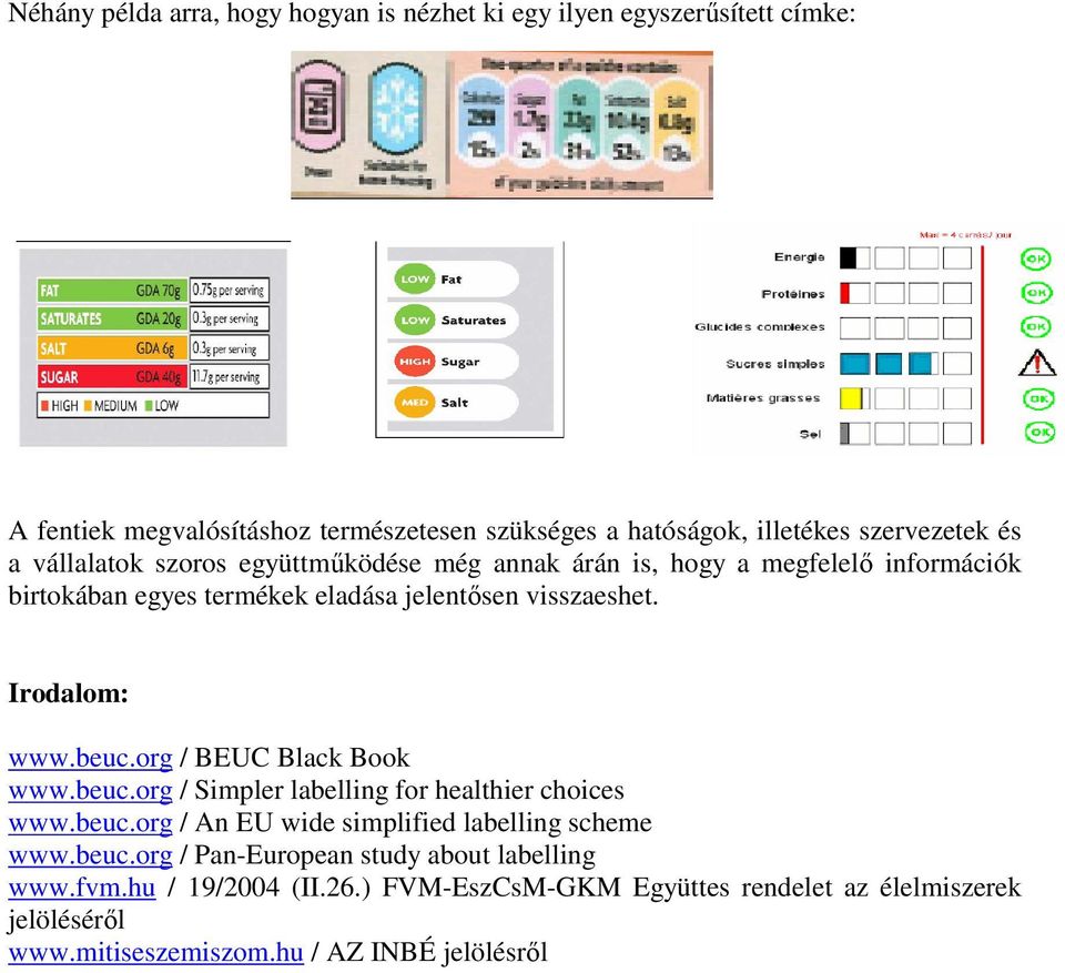 Irodalom: www.beuc.org / BEUC Black Book www.beuc.org / Simpler labelling for healthier choices www.beuc.org / An EU wide simplified labelling scheme www.beuc.org / Pan-European study about labelling www.