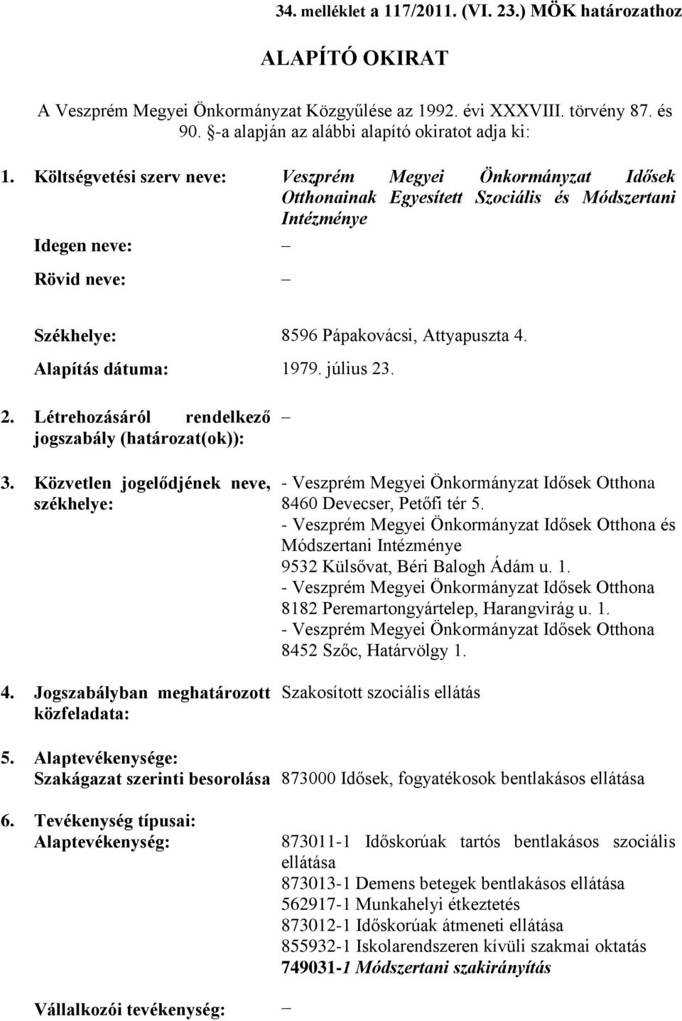 Alapítás dátuma: 1979. július 23. 2. Létrehozásáról rendelkező jogszabály (határozat(ok)): 3. Közvetlen jogelődjének neve, 4. Jogszabályban meghatározott közfeladata: 8460 Devecser, Petőfi tér 5.