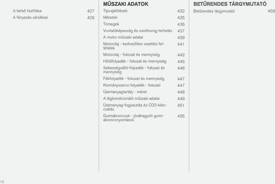 Sebességváltó-folyadék - fokozat és mennyiség 446 Fékfolyadék - fokozat és mennyiség 447 Kormányszervo-folyadék - fokozat 447 Üzemanyagtartály - méret 448 A