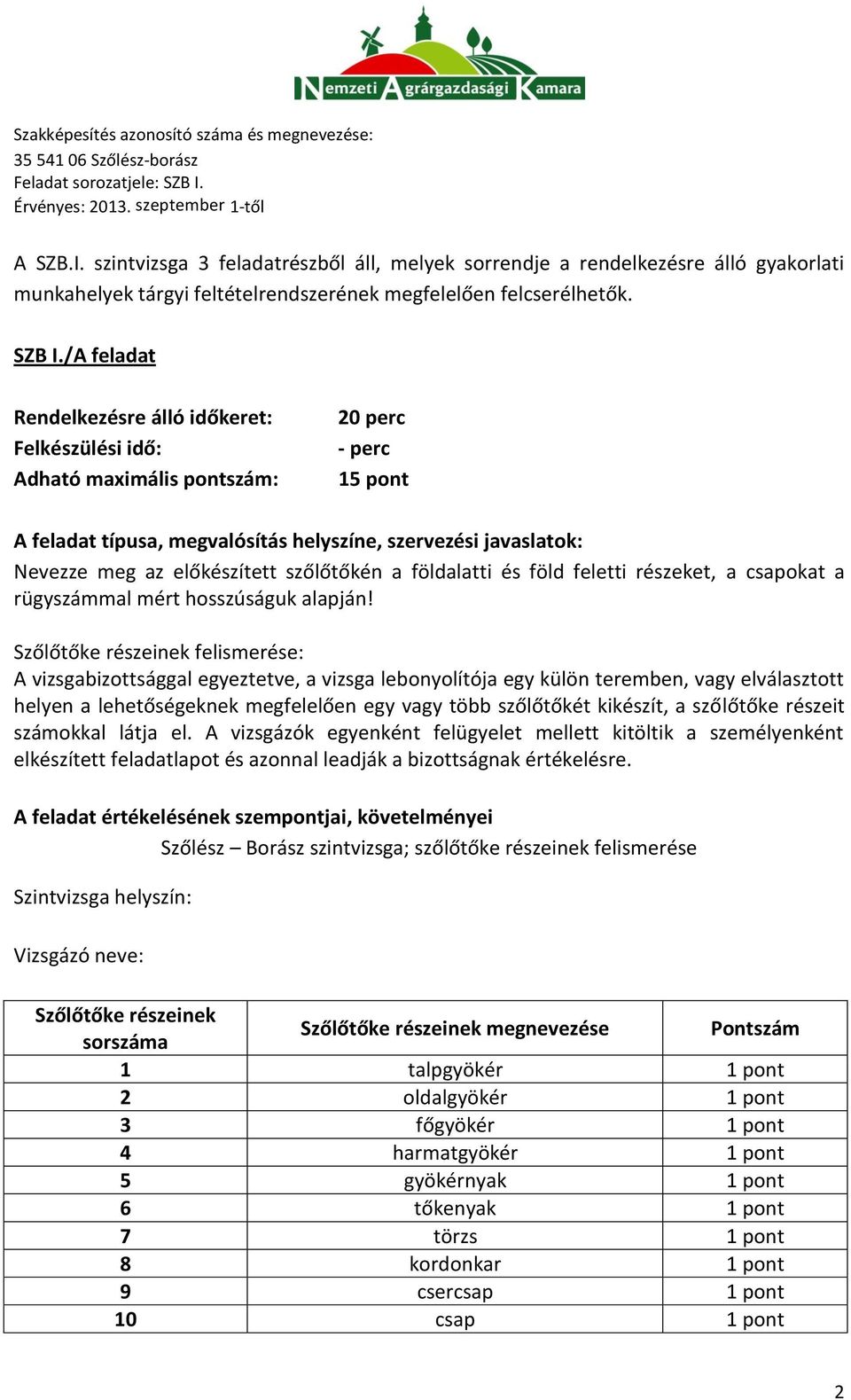 Szőlőtőke részeinek felismerése: A vizsgabizottsággal egyeztetve, a vizsga lebonyolítója egy külön teremben, vagy elválasztott helyen a lehetőségeknek megfelelően egy vagy több szőlőtőkét kikészít, a