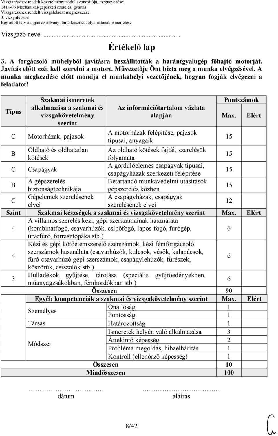 Típus C C Szakmai ismeretek alkalmazása a szakmai és vizsgakövetelmény szerint Motorházak, pajzsok Oldható és oldhatatlan kötések Csapágyak Az információtartalom vázlata alapján A motorházak