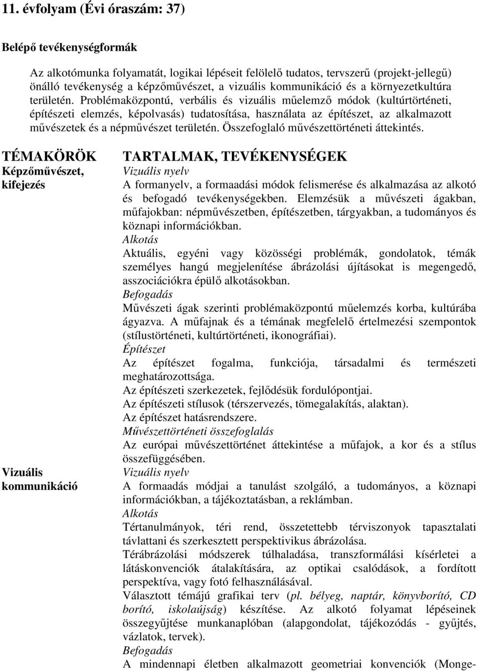 Problémaközpontú, verbális és vizuális mőelemzı módok (kultúrtörténeti, építészeti elemzés, képolvasás) tudatosítása, használata az építészet, az alkalmazott mővészetek és a népmővészet területén.