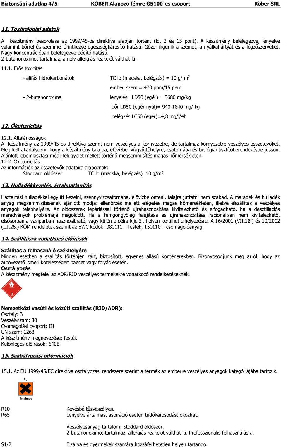Nagy koncentrációban belélegezve bódító hatású. 2-butanonoximot tartalmaz, amely allergiás reakciót válthat ki. 11.1. Erős toxicitás 12.