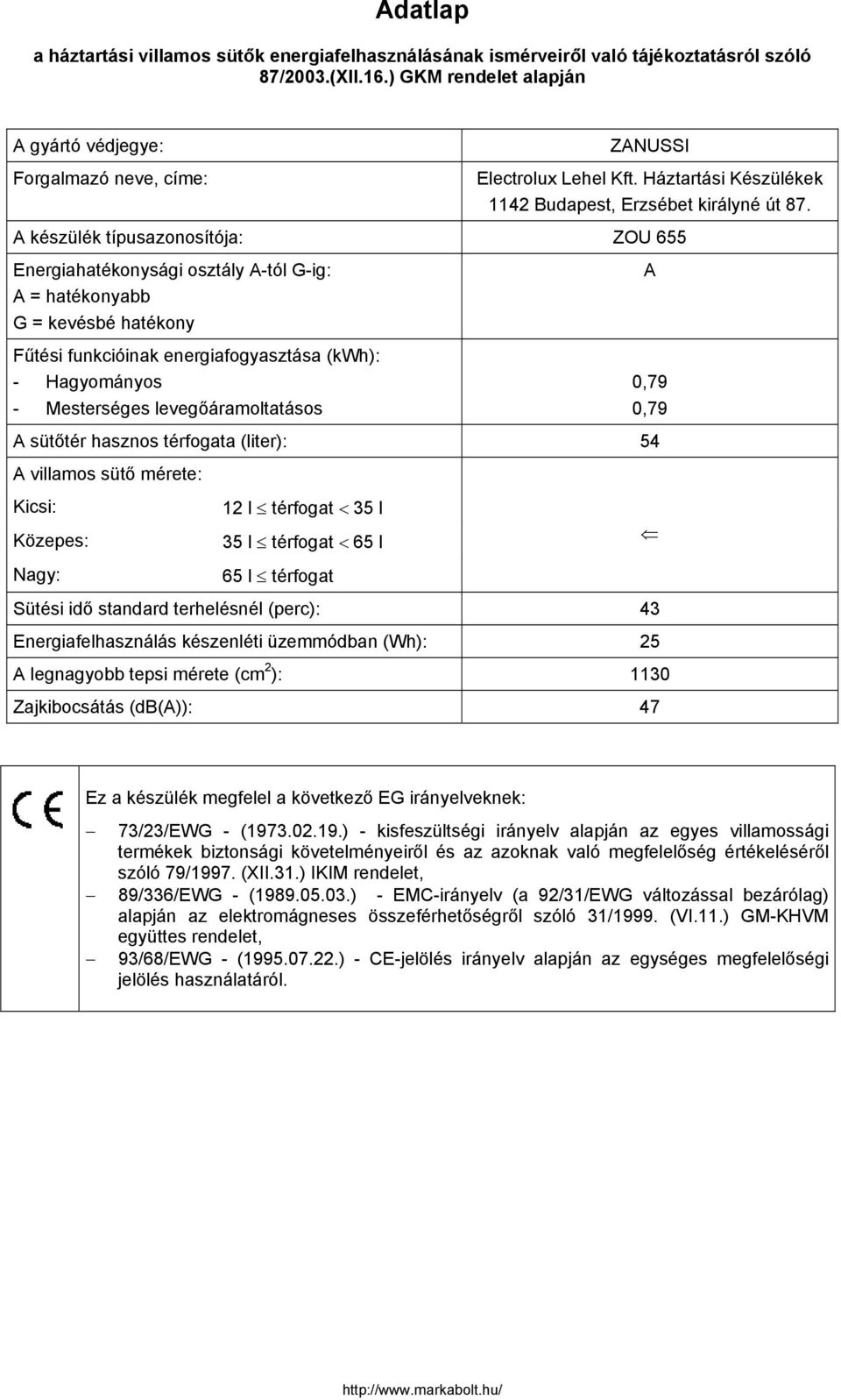 A készülék típusazonosítója: ZOU 655 Energiahatékonysági osztály A-tól G-ig: A = hatékonyabb G = kevésbé hatékony Fűtési funkcióinak energiafogyasztása (kwh): - Hagyományos - Mesterséges