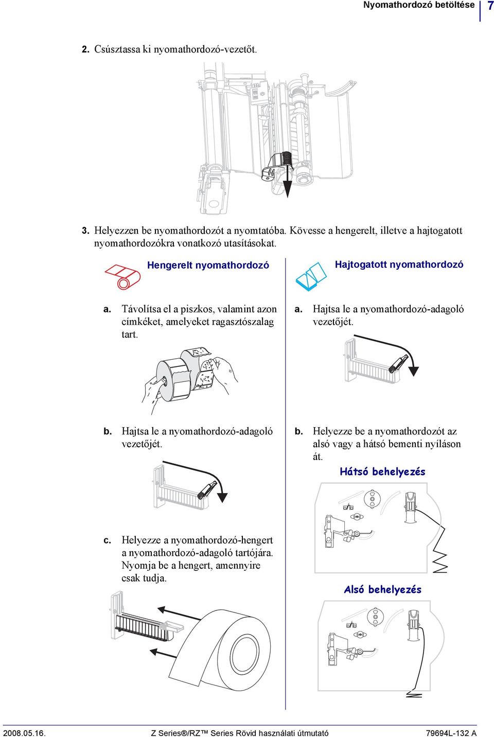 Hajtsa le a nyomathordozó-adagoló címkéket, amelyeket ragasztószalag vezetőjét. tart. b. Hajtsa le a nyomathordozó-adagoló b. Helyezze be a nyomathordozót az vezetőjét.