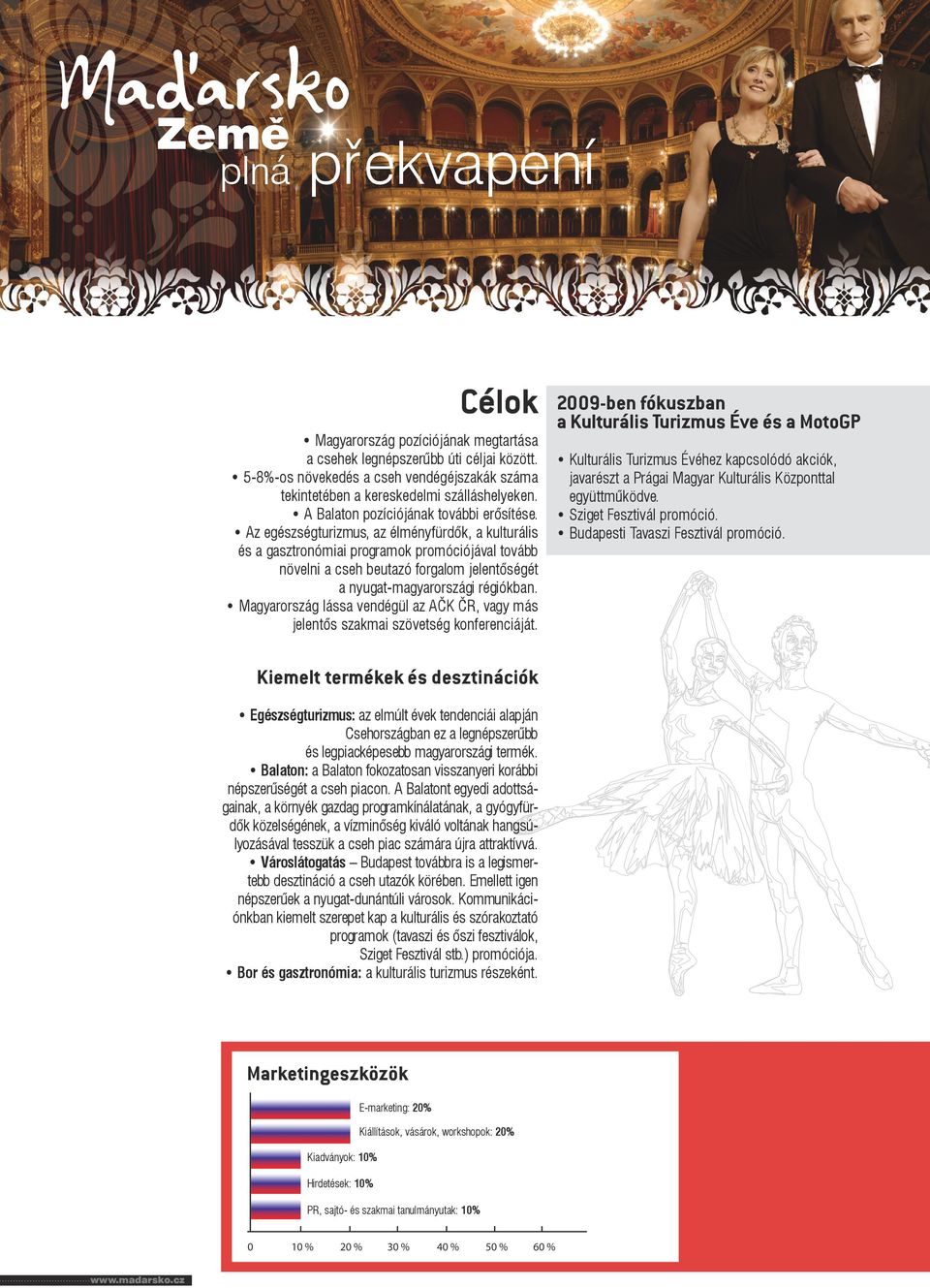 Az egészségturizmus, az élményfürdők, a kulturális és a gasztronómiai programok promóciójával tovább növelni a cseh beutazó forgalom jelentőségét a nyugat-magyarországi régiókban.