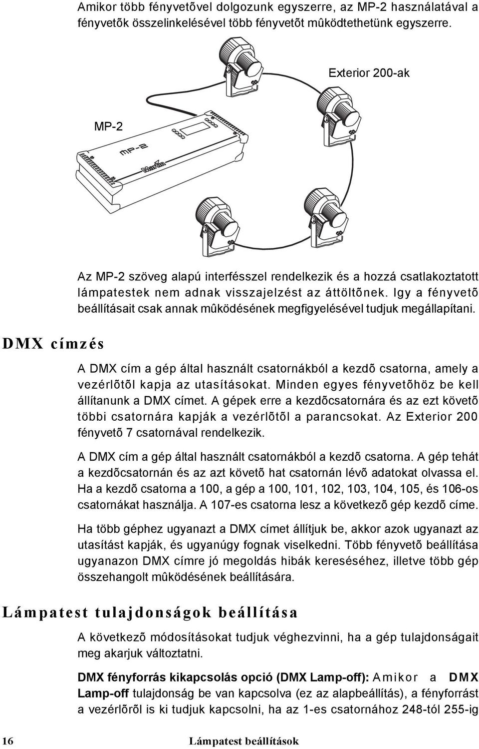 Igy a fényvetõ beállításait csak annak mûködésének megfigyelésével tudjuk megállapítani. A DMX cím a gép által használt csatornákból a kezdõ csatorna, amely a vezérlõtõl kapja az utasításokat.