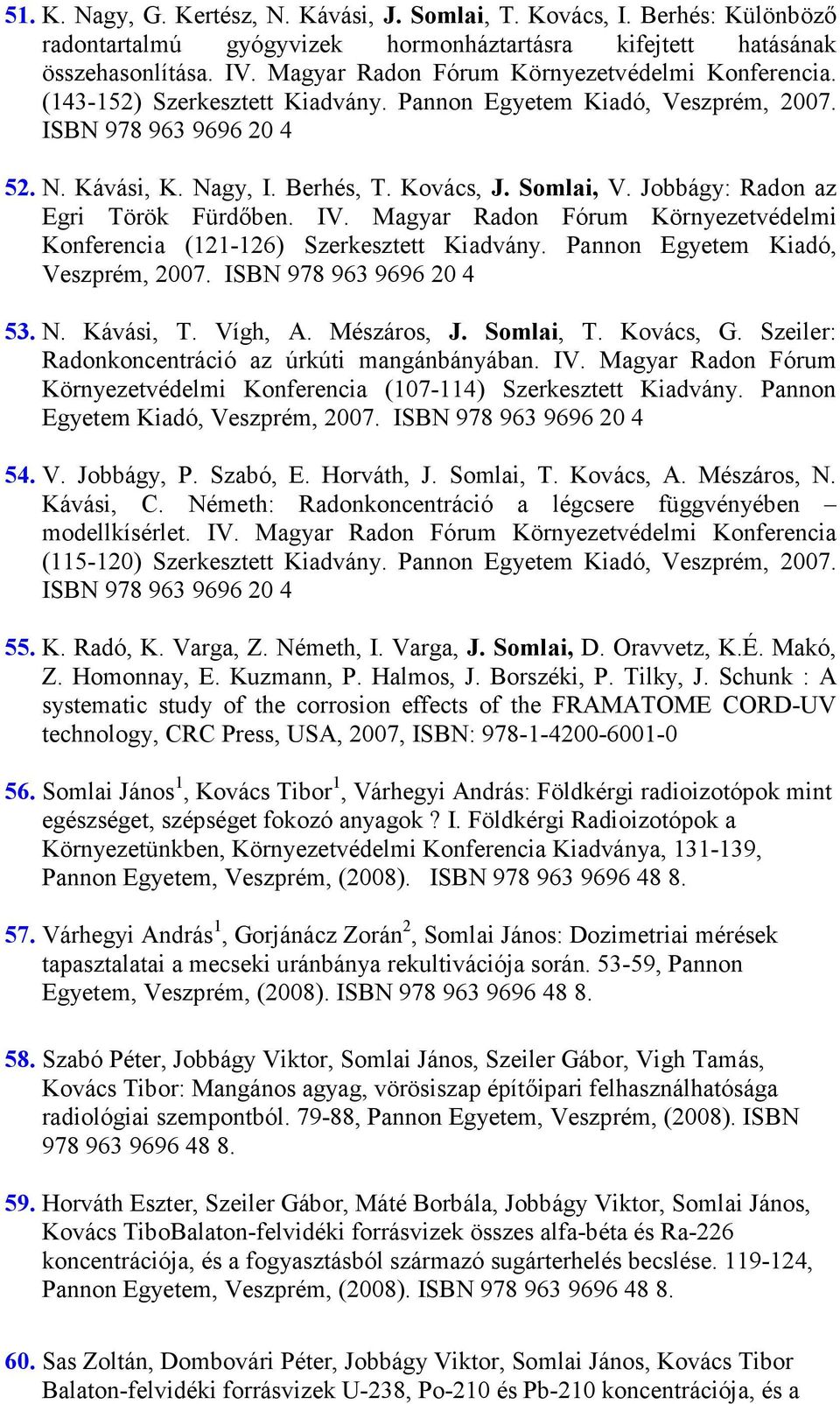 Somlai, V. Jobbágy: Radon az Egri Török Fürdıben. IV. Magyar Radon Fórum Környezetvédelmi Konferencia (121-126) Szerkesztett Kiadvány. Pannon Egyetem Kiadó, Veszprém, 2007. ISBN 978 963 9696 20 4 53.