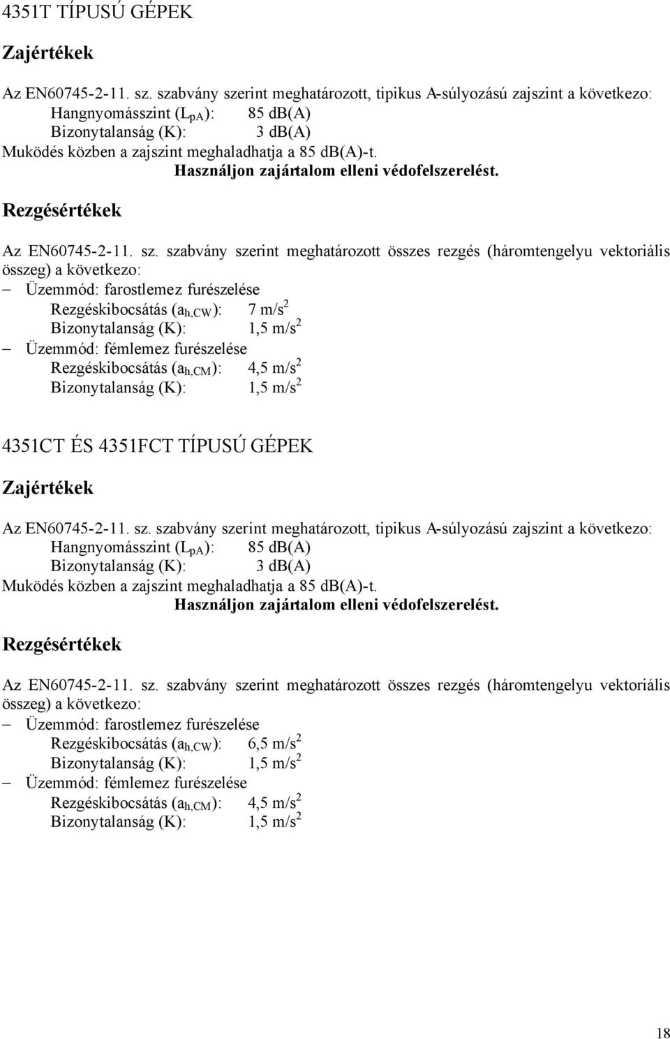 Használjon zajártalom elleni védofelszerelést. Rezgésértékek Az EN60745-2-11. sz.
