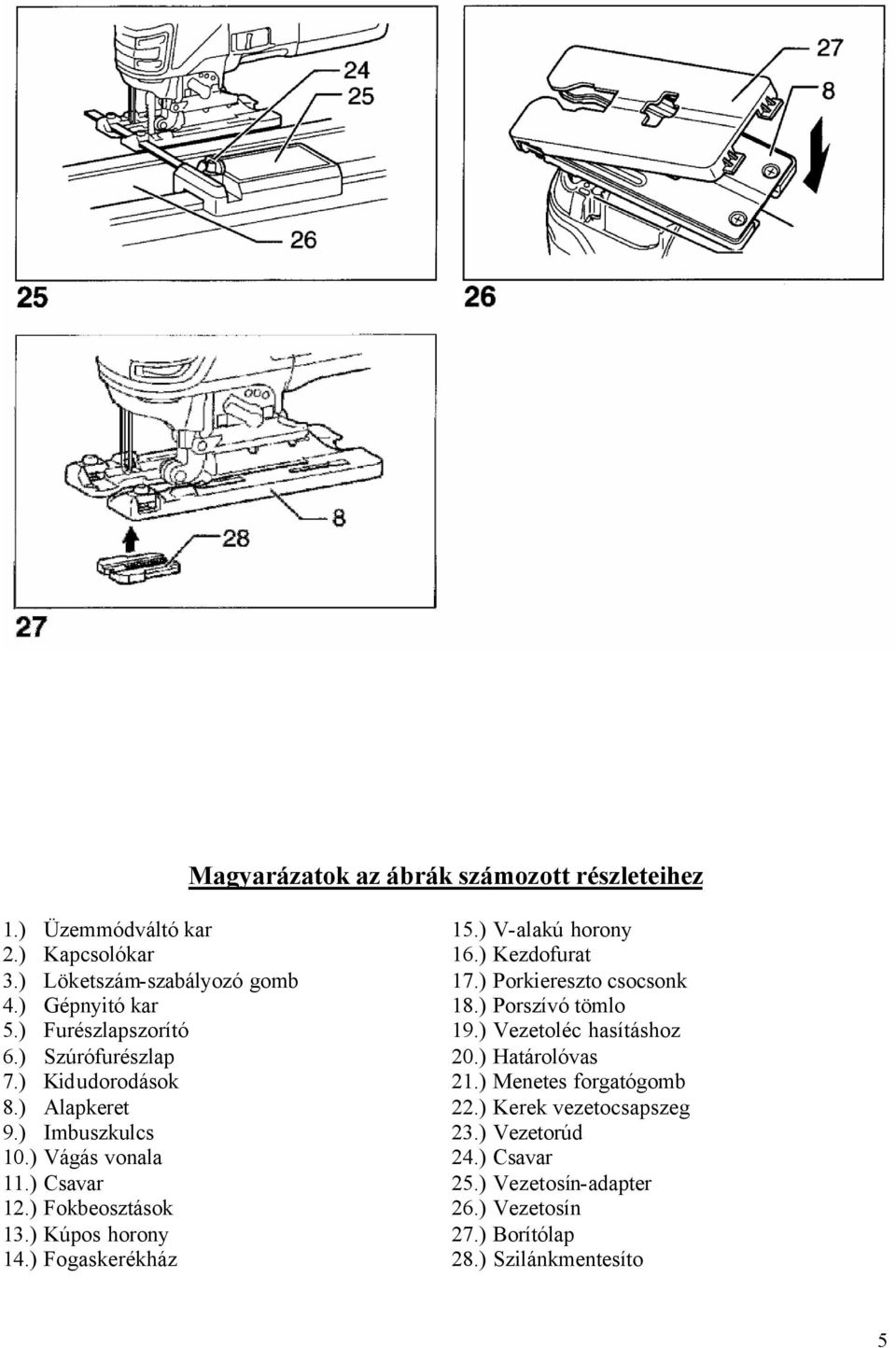 ) Kúpos horony 14.) Fogaskerékház 15.) V-alakú horony 16.) Kezdofurat 17.) Porkiereszto csocsonk 18.) Porszívó tömlo 19.) Vezetoléc hasításhoz 20.