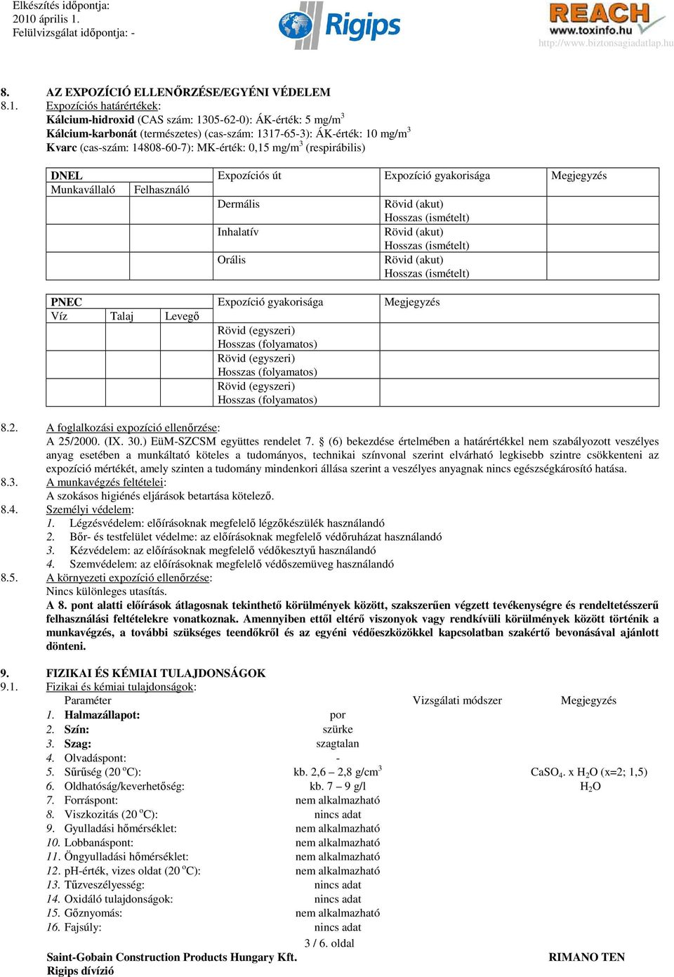 0,15 mg/m 3 (respirábilis) DNEL Expozíciós út Expozíció gyakorisága Megjegyzés Munkavállaló Felhasználó Dermális Rövid (akut) Hosszas (ismételt) Inhalatív Rövid (akut) Hosszas (ismételt) Orális Rövid