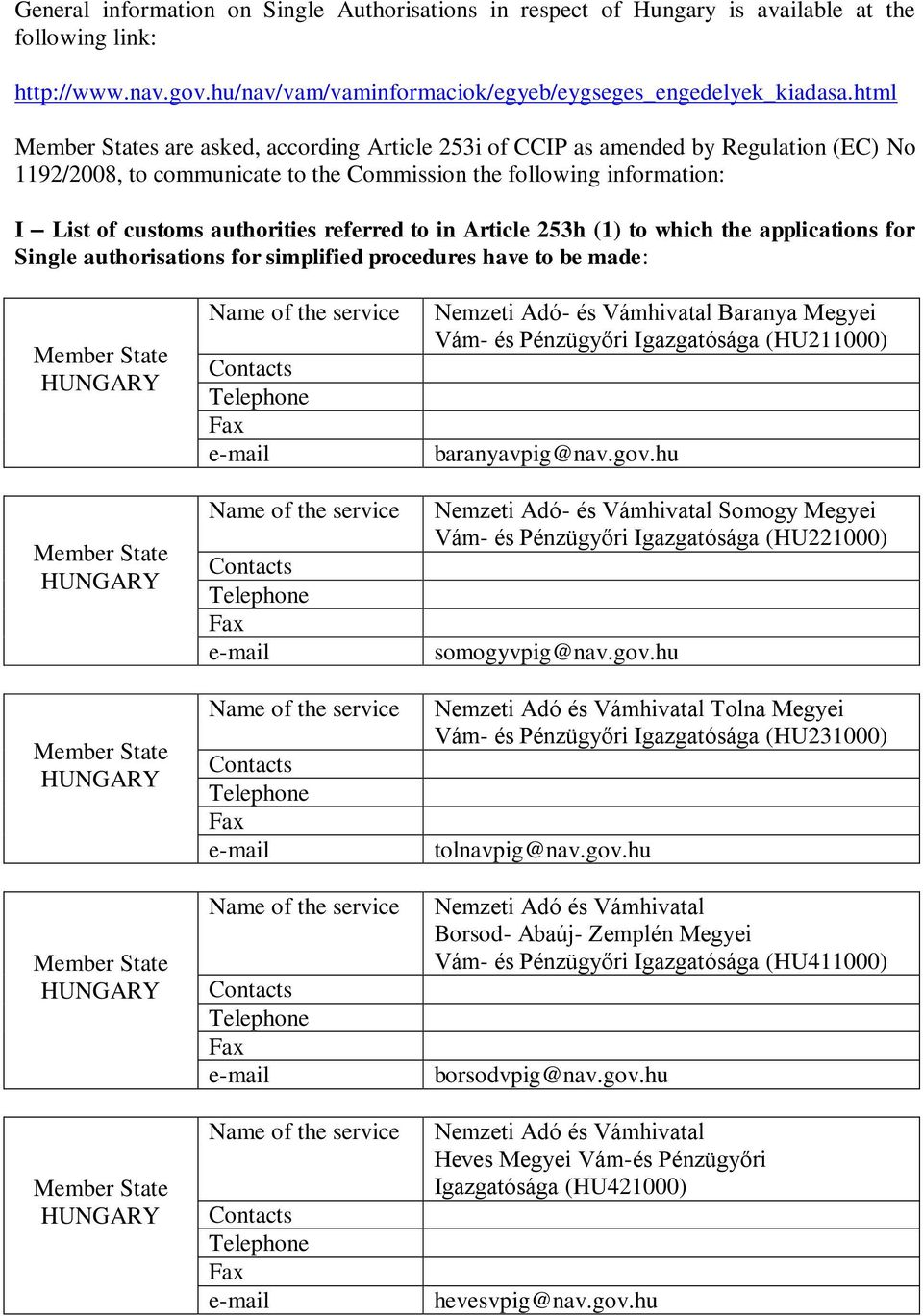 Article 253h (1) to which the applications for Single authorisations for simplified procedures have to be made: Baranya Megyei Vám- és Pénzügyőri Igazgatósága (HU211000) baranyavpig@nav.gov.