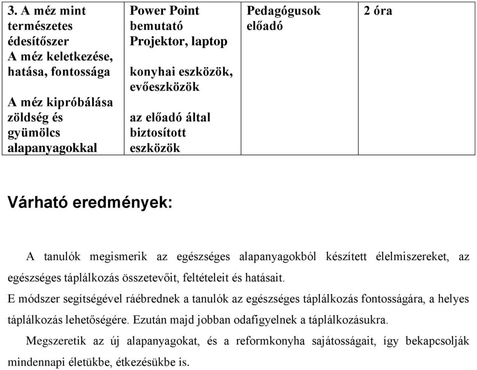 táplálkozás összetevőit, feltételeit és hatásait. E módszer segítségével ráébrednek a tanulók az egészséges táplálkozás fontosságára, a helyes táplálkozás lehetőségére.