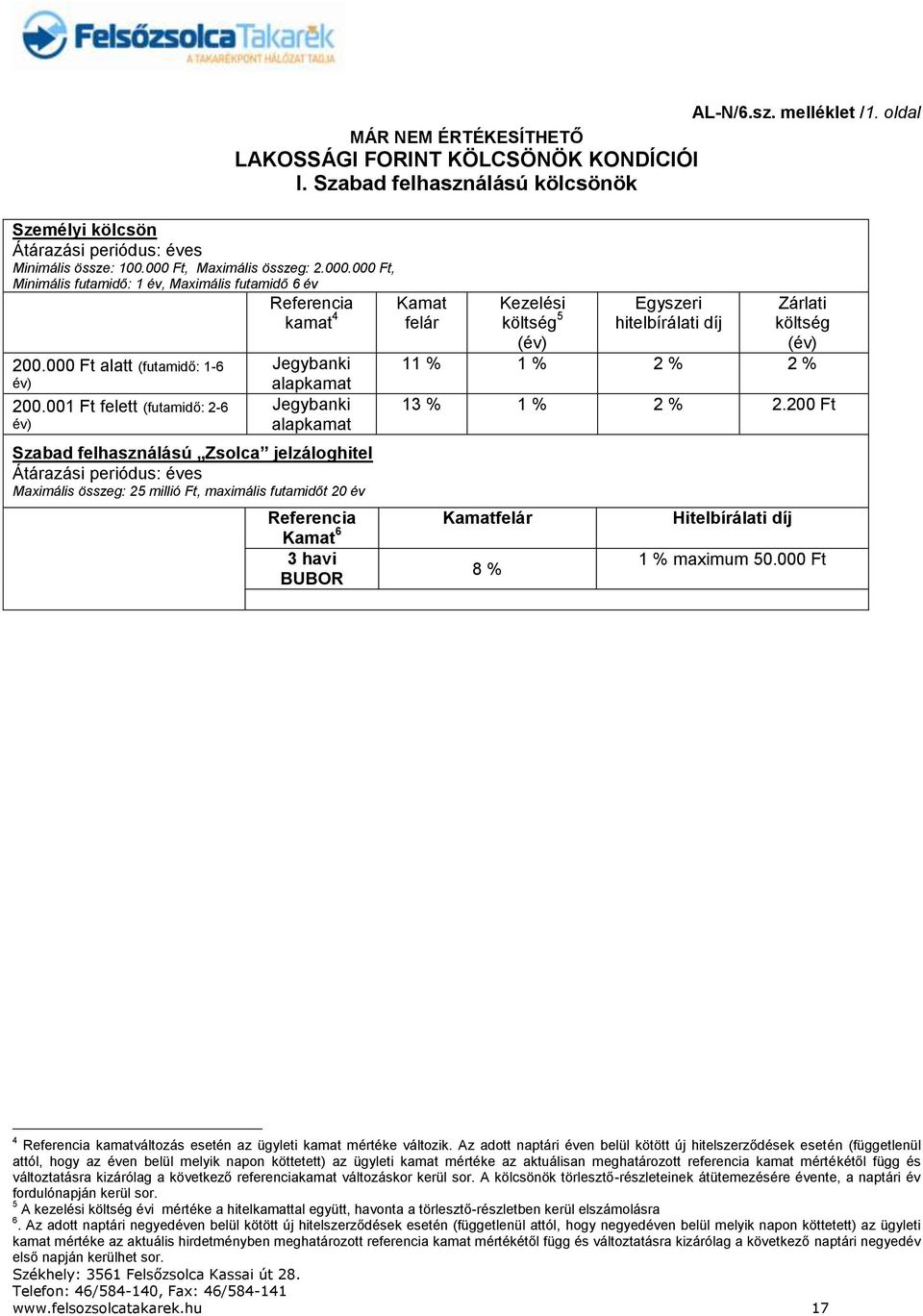 Szabad felhasználású kölcsönök Referencia kamat 4 Jegybanki alapkamat Jegybanki alapkamat Szabad felhasználású Zsolca jelzáloghitel Átárazási periódus: éves Maximális összeg: 25 millió, maximális