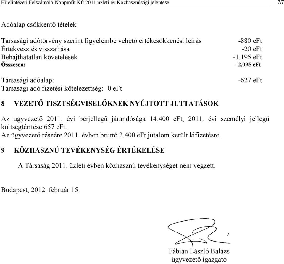 Összesen: Társasági adóalap: Társasági adó fizetési kötelezettség: 0 eft -880 eft -20 eft -1.195 eft -2.095 eft -627 eft 8 VEZETİ TISZTSÉGVISELİKNEK NYÚJTOTT JUTTATÁSOK Az ügyvezetı 2011.