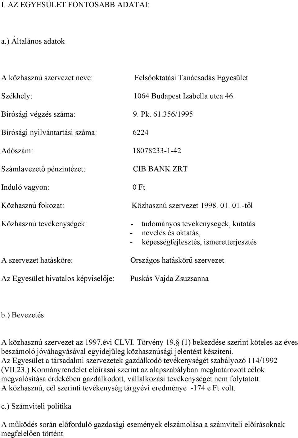 képviselője: CIB BANK ZRT Ft Közhasznú szervezet 19