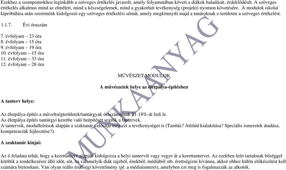 A modulok iskolai kipróbálása után szeretnénk kidolgozni egy szöveges értékelési sémát, amely megkönnyíti majd a tanároknak e területen a szöveges értékelést. 1.1.7. Évi óraszám 7. évfolyam 23 óra 8.