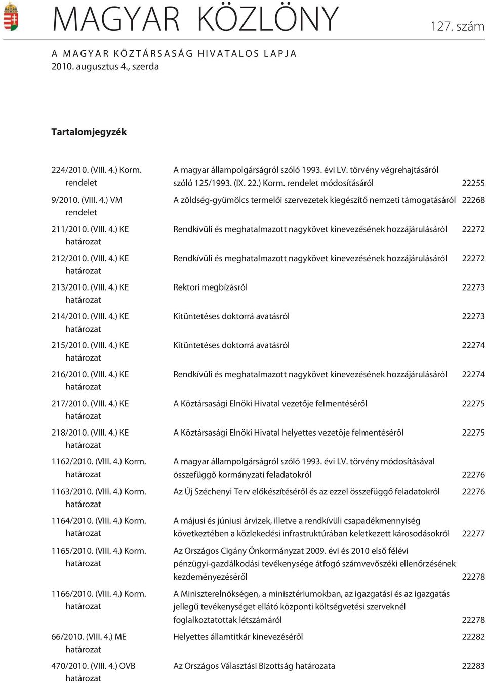 (VIII. 4.) Korm. 1164/2010. (VIII. 4.) Korm. 1165/2010. (VIII. 4.) Korm. 1166/2010. (VIII. 4.) Korm. 66/2010. (VIII. 4.) ME 470/2010. (VIII. 4.) OVB A magyar állampolgárságról szóló 1993. évi LV.