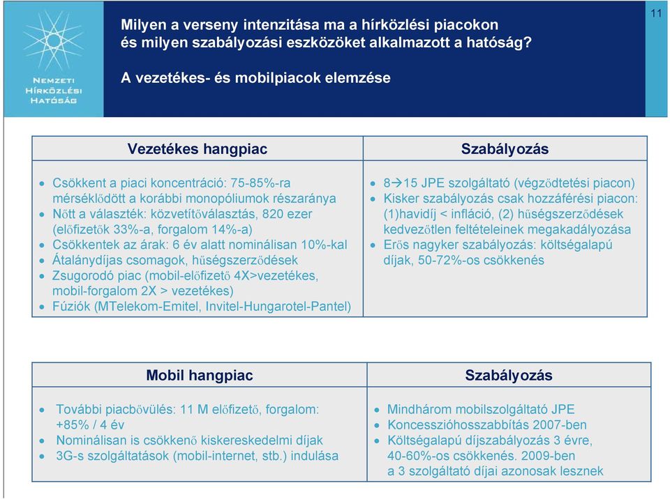 (előfizetők 33%-a, forgalom 14%-a) Csökkentek az árak: 6 év alatt nominálisan 10%-kal Átalánydíjas csomagok, hűségszerződések Zsugorodó piac (mobil-előfizető 4X>vezetékes, mobil-forgalom 2X >