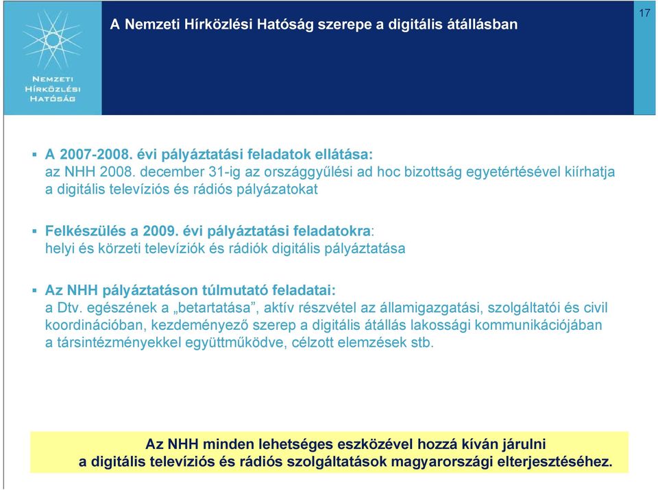 évi pályáztatási feladatokra: helyi és körzeti televíziók és rádiók digitális pályáztatása Az NHH pályáztatáson túlmutató feladatai: a Dtv.