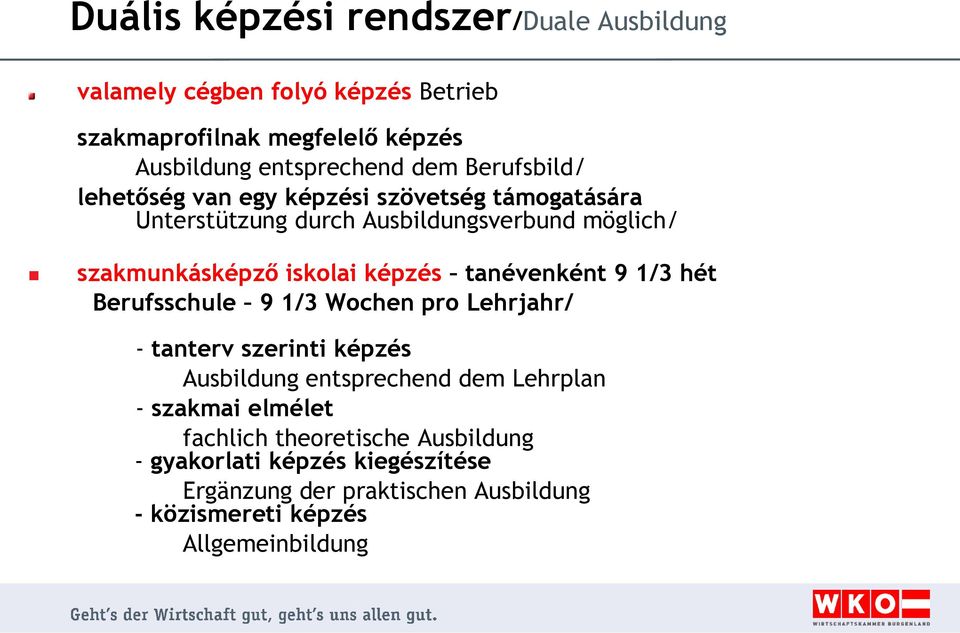 tanévenként 9 1/3 hét Berufsschule 9 1/3 Wochen pro Lehrjahr/ - tanterv szerinti képzés Ausbildung entsprechend dem Lehrplan - szakmai