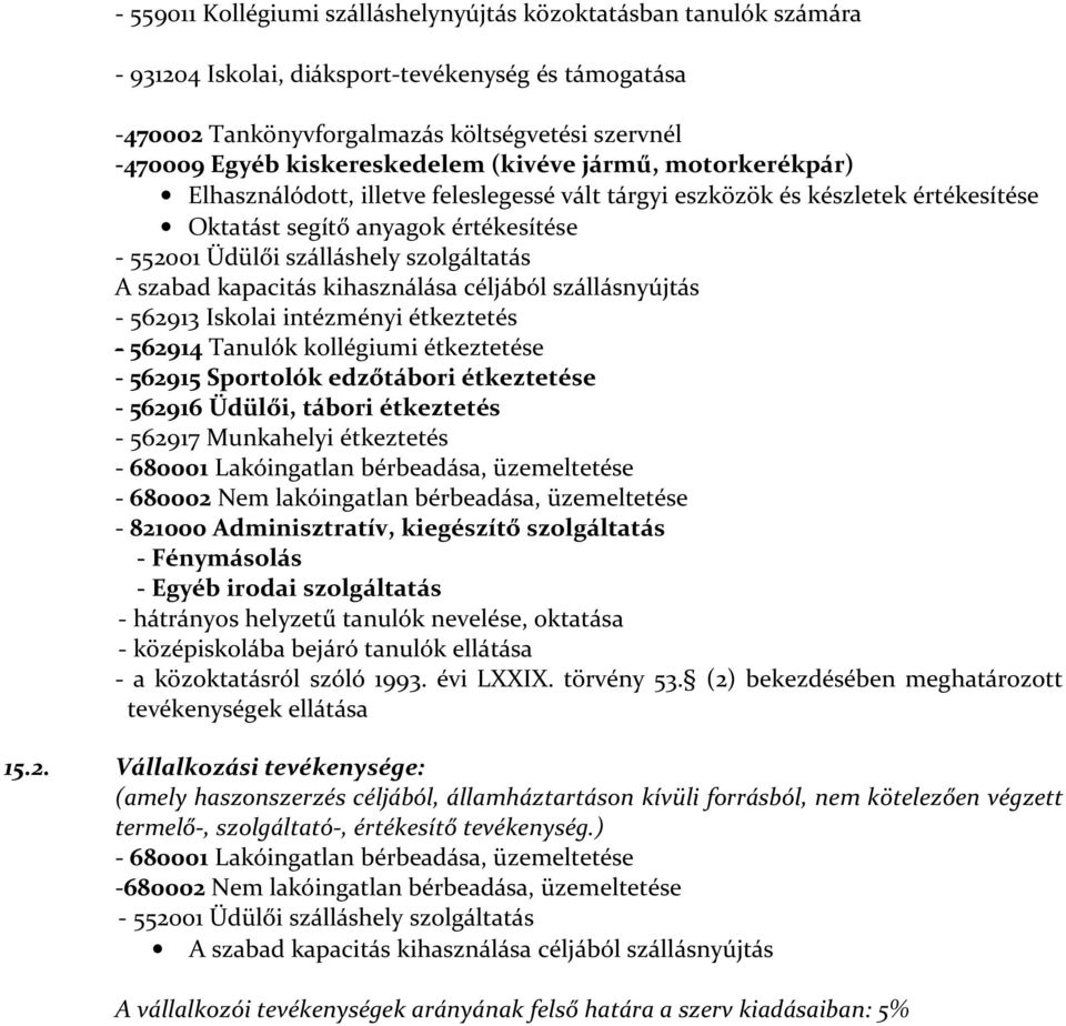 szolgáltatás A szabad kapacitás kihasználása céljából szállásnyújtás - 562913 Iskolai intézményi étkeztetés - 562914 Tanulók kollégiumi étkeztetése - 562915 Sportolók edzőtábori étkeztetése - 562916