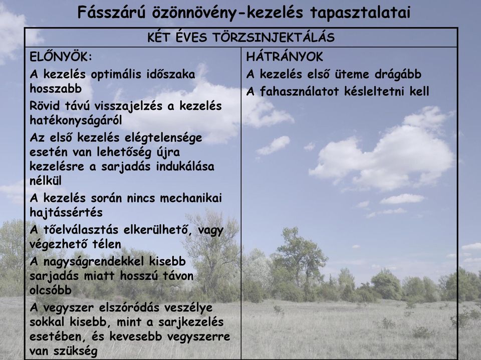 hajtássértés A tőelválasztás elkerülhető, vagy végezhető télen A nagyságrendekkel kisebb sarjadás miatt hosszú távon olcsóbb A vegyszer elszóródás