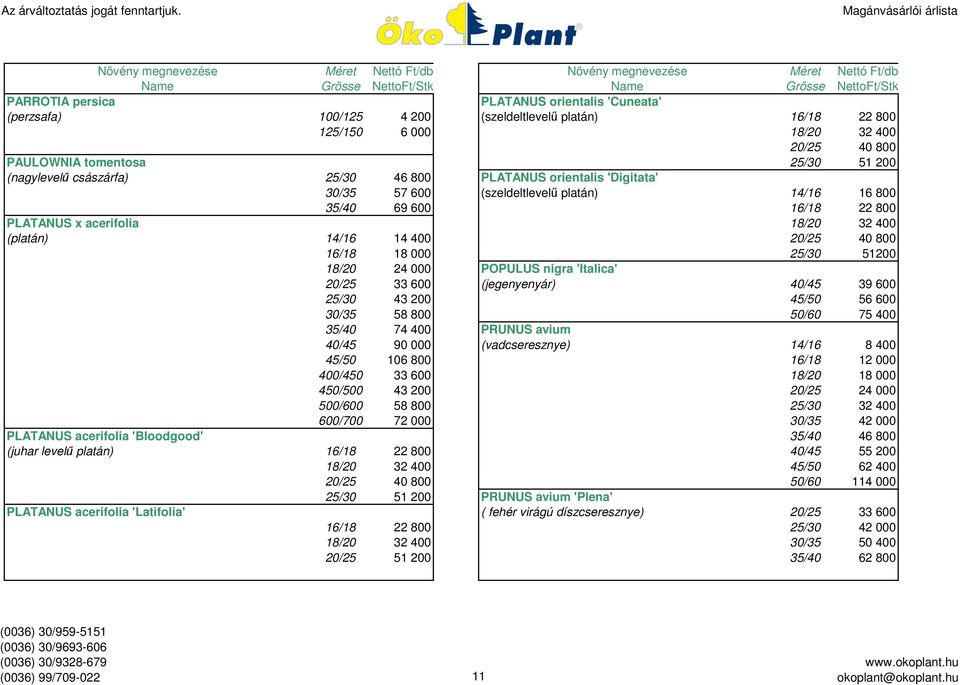 800 16/18 18 000 25/30 51200 18/20 24 000 POPULUS nigra 'Italica' 20/25 33 600 (jegenyenyár) 40/45 39 600 25/30 43 200 45/50 56 600 30/35 58 800 50/60 75 400 35/40 74 400 PRUNUS avium 40/45 90 000