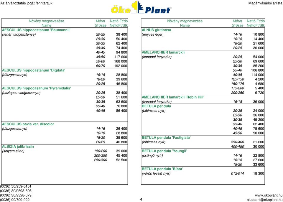 800 40/45 114 000 18/20 39 600 125/150 4 200 20/25 46 800 150/175 4 680 AESCULUS hippocasanum 'Pyramidalis' 175/200 5 400 (oszlopos vadgeszenye) 20/25 38 400 200/250 6 720 25/30 51 600 AMELANCHIER