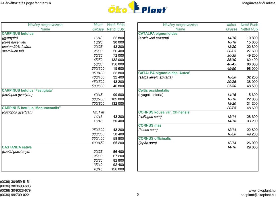 levelű szivarfa) 18/20 32 200 450/500 43 200 20/25 38 000 500/600 46 800 25/30 48 500 CARPINUS betulus 'Fastigiata' Celtis occidentalis (oszlopos gyertyán) 40/45 99 600 (nyugati ostorfa) 14/16 15 600