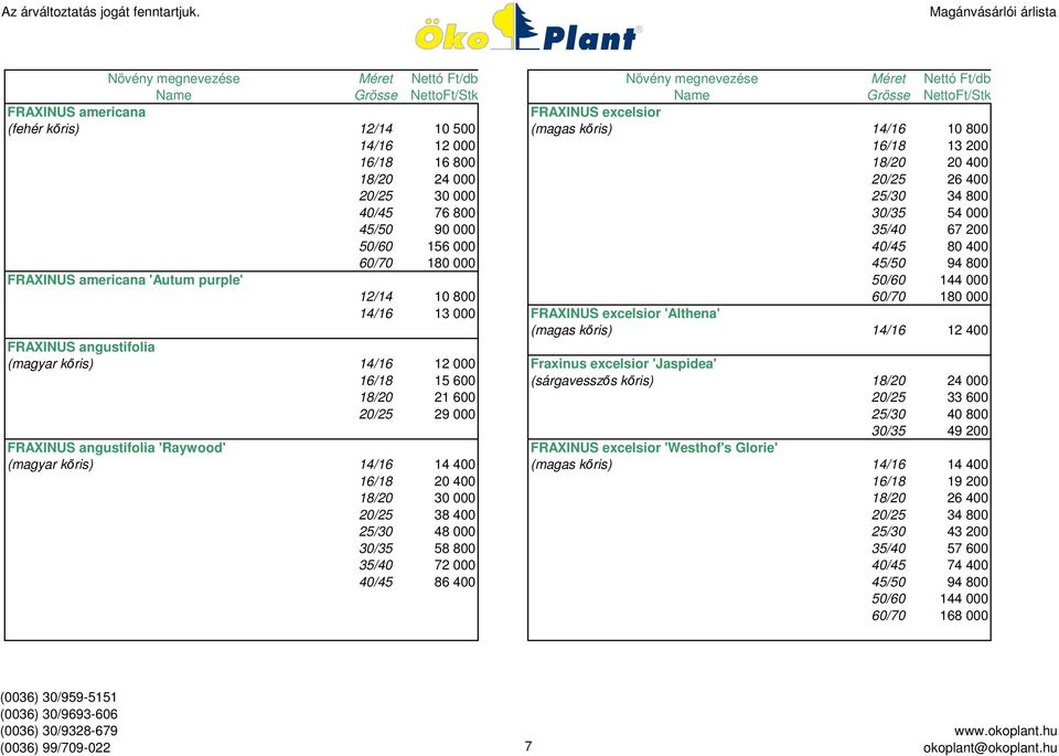 FRAXINUS excelsior 'Althena' (magas kőris) 14/16 12 400 FRAXINUS angustifolia (magyar kőris) 14/16 12 000 Fraxinus excelsior 'Jaspidea' 16/18 15 600 (sárgavesszős kőris) 18/20 24 000 18/20 21 600
