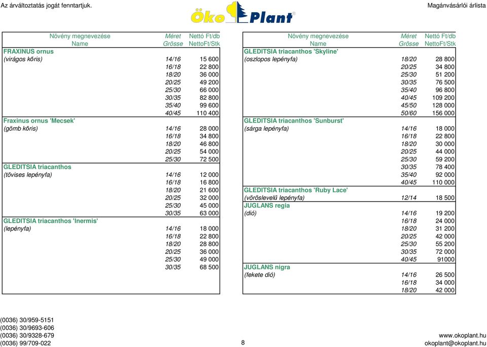 14/16 18 000 16/18 34 800 16/18 22 800 18/20 46 800 18/20 30 000 20/25 54 000 20/25 44 000 25/30 72 500 25/30 59 200 GLEDITSIA triacanthos 30/35 78 400 (tövises lepényfa) 14/16 12 000 35/40 92 000