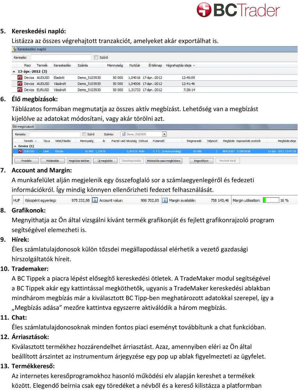 Account and Margin: A munkafelület alján megjelenik egy összefoglaló sor a számlaegyenlegéről és fedezeti információkról. Így mindig könnyen ellenőrizheti fedezet felhasználását. 8.