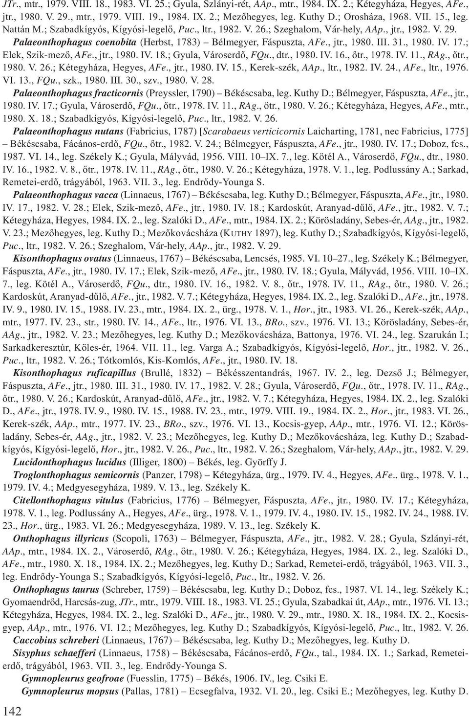 Palaeonthophagus coenobita (Herbst, 1783) Bélmegyer, Fáspuszta, AFe., jtr., 1980. III. 31., 1980. IV. 17.; Elek, Szik-mező, AFe., jtr., 1980. IV. 18.; Gyula, Városerdő, FQu., dtr., 1980. IV. 16., őtr.
