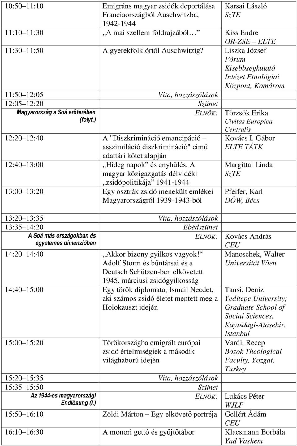 ) 12:20 12:40 A "Diszkrimináció emancipáció asszimiláció diszkrimináció" című adattári kötet alapján 12:40 13:00 Hideg napok és enyhülés.