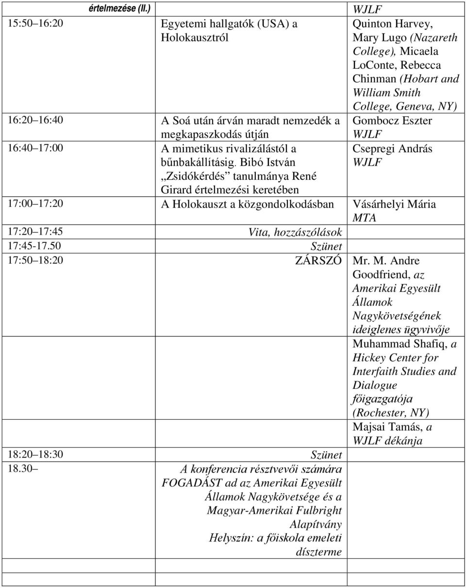 Csepregi András 16:20 16:40 A Soá után árván maradt nemzedék a megkapaszkodás útján 16:40 17:00 A mimetikus rivalizálástól a bűnbakállításig.