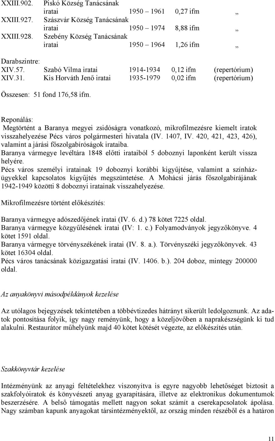 Szabó Vilma iratai 1914-1934 0,12 ifm (repertórium) XIV.31. Kis Horváth Jenő iratai 1935-1979 0,02 ifm (repertórium) Összesen: 51 fond 176,58 ifm.