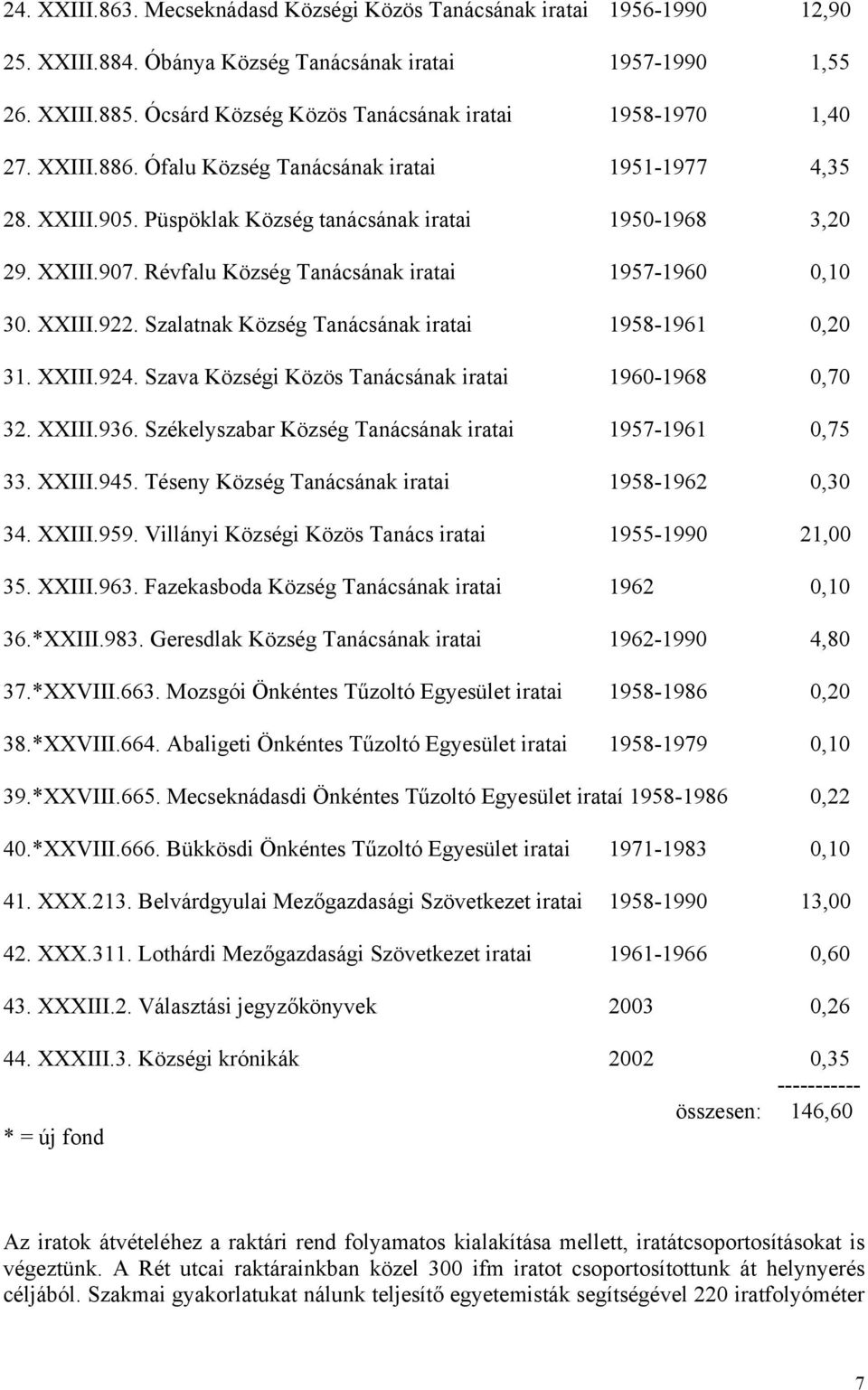 Révfalu Község Tanácsának iratai 1957-1960 0,10 30. XXIII.922. Szalatnak Község Tanácsának iratai 1958-1961 0,20 31. XXIII.924. Szava Községi Közös Tanácsának iratai 1960-1968 0,70 32. XXIII.936.