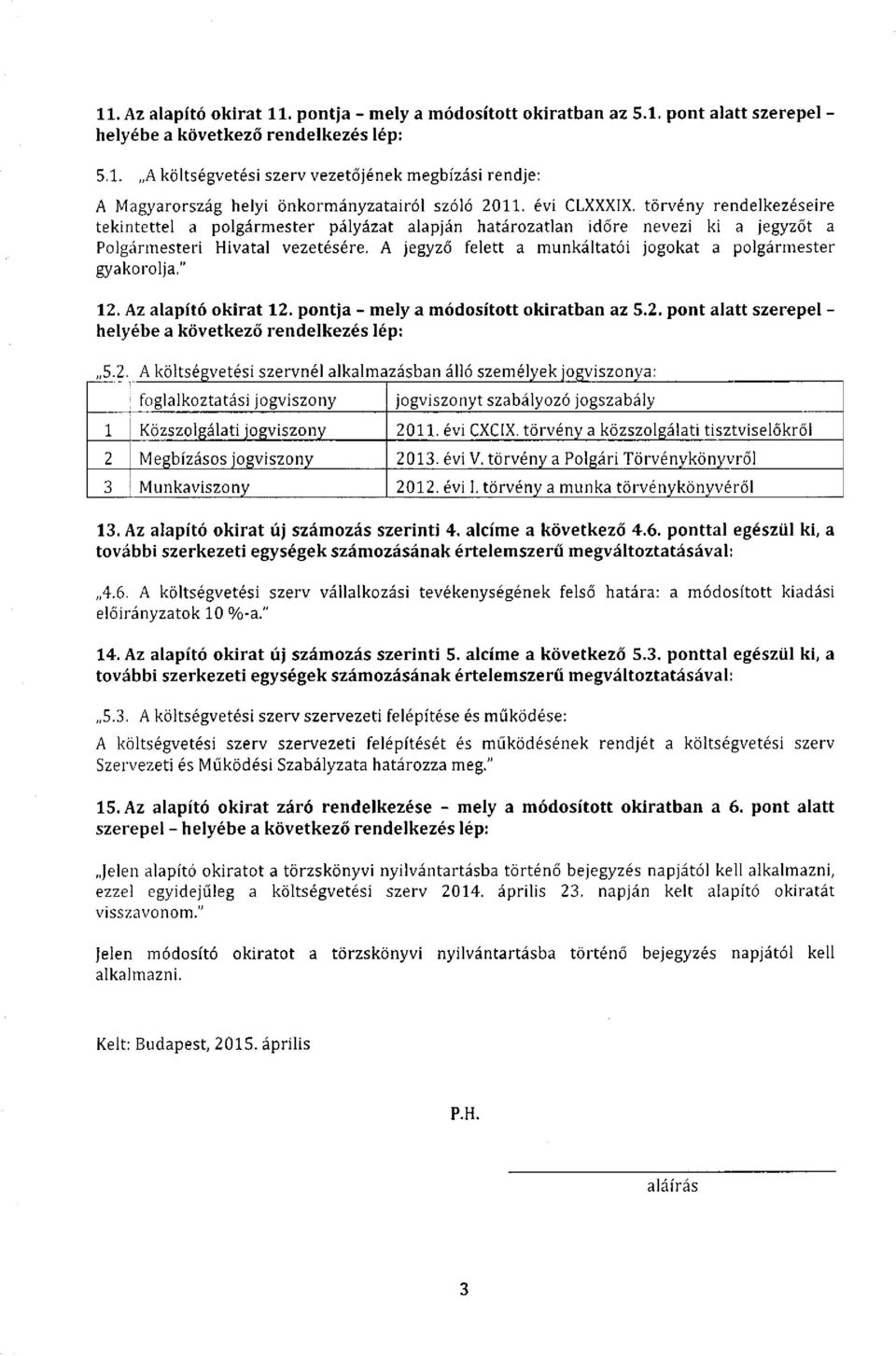 A jegyző felett a munkáltatói jogokat a polgármester gyakorolja." 1. Az alapító okirat 1. pontja - mely a módosított okiratban az 5.. pont alatt szerepel - 5.