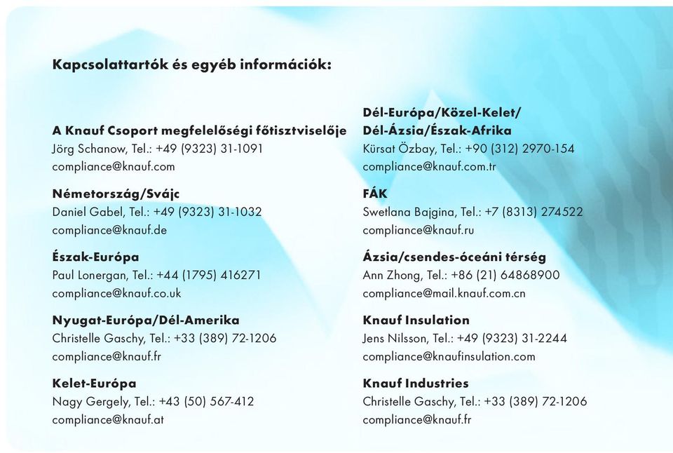 : +33 (389) 72-1206 compliance@knauf.fr Kelet-Európa Nagy Gergely, Tel.: +43 (50) 567-412 compliance@knauf.at Dél-Európa/Közel-Kelet/ Dél-Ázsia/Észak-Afrika Kürsat Özbay, Tel.